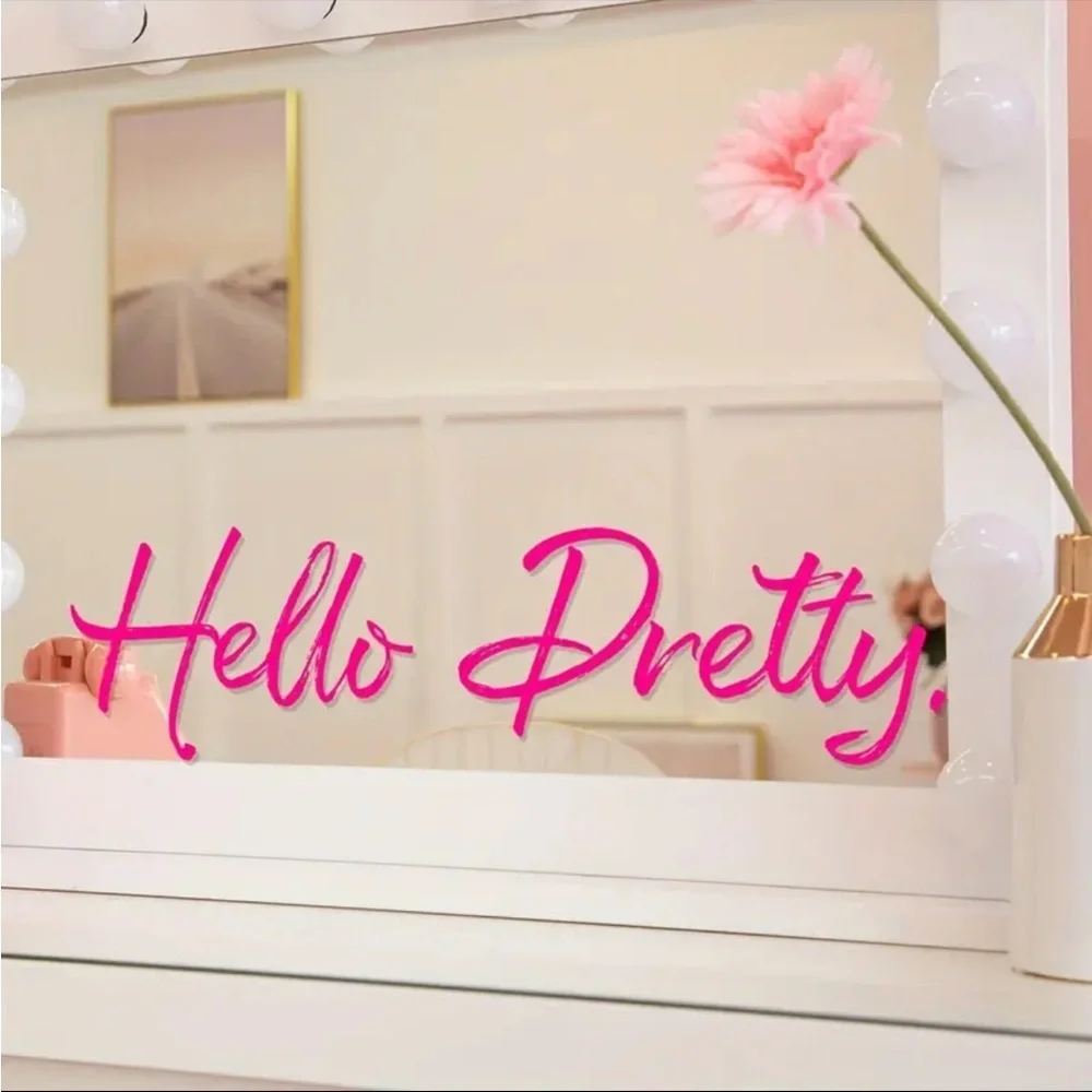 Hello Pretty Pink Mirror Decal Script Vinyl Wall Sticker Vanity Decor NWT